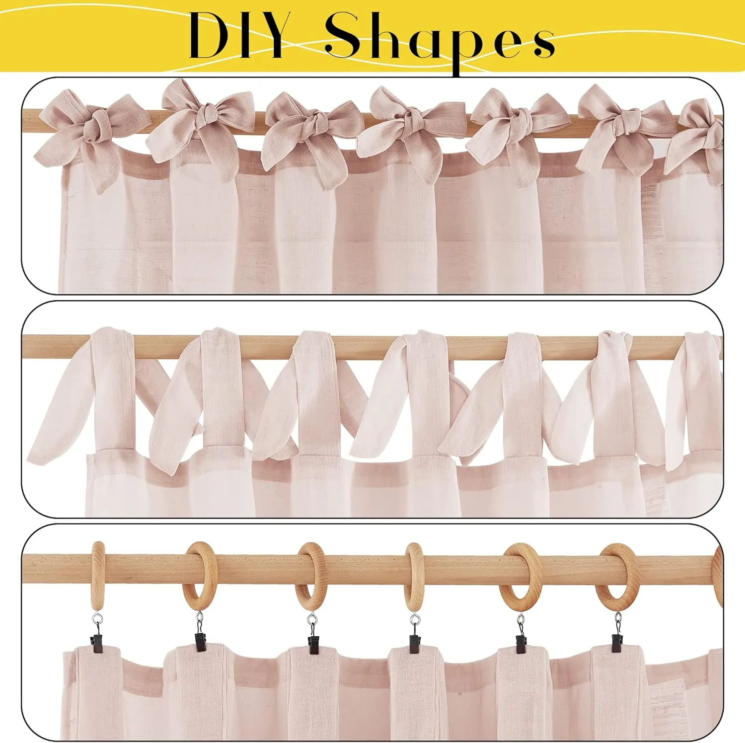 NICETOWN Blush Pink Linen Sheer Curtains 84 inch Length, Adjustable Tie Top DIY Crafted Flax Semi Sheer Privacy with Light Filtering Vertical Drapes for Bedroom/Living Room, W52 x L84