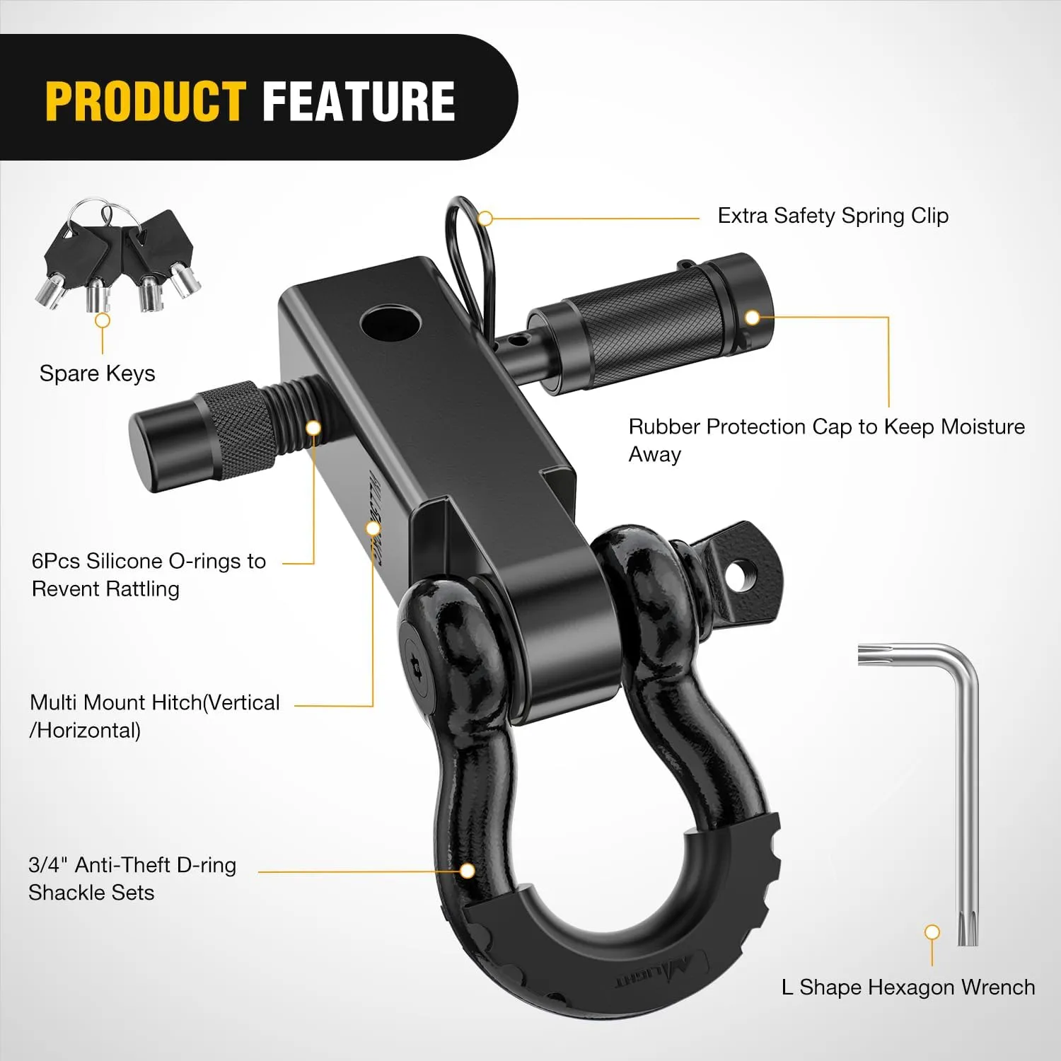 Nilight Anti-Theft Shackle Hitch Receiver 2Inch 45000 LBs Breaking Strength 3/4" Anti-Theft D Ring Shackle 5/8" Trailer Hitch Lock Pin Heavy Duty Solid Towing Kit for Trucks Off Road (Black)