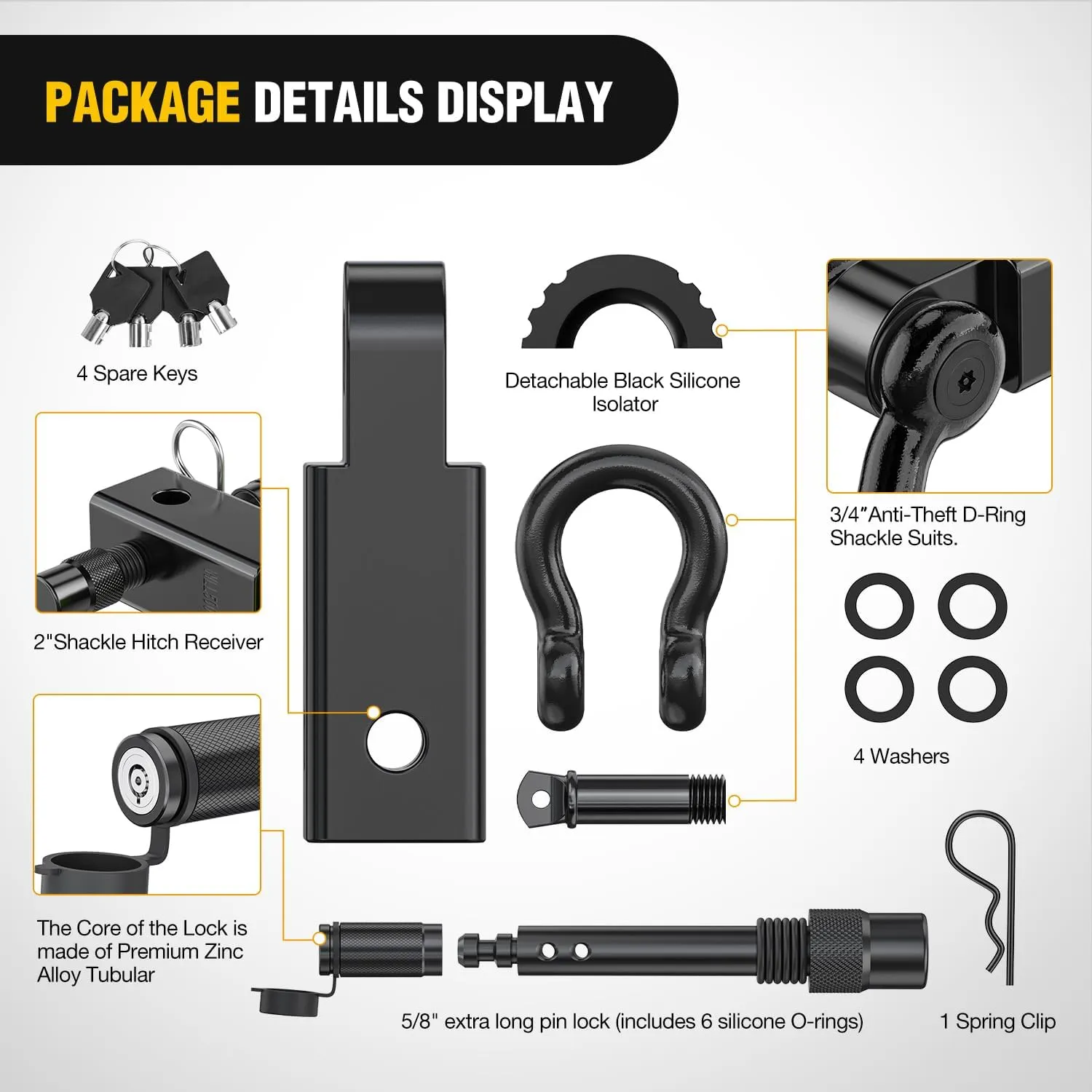 Nilight Anti-Theft Shackle Hitch Receiver 2Inch 45000 LBs Breaking Strength 3/4" Anti-Theft D Ring Shackle 5/8" Trailer Hitch Lock Pin Heavy Duty Solid Towing Kit for Trucks Off Road (Black)