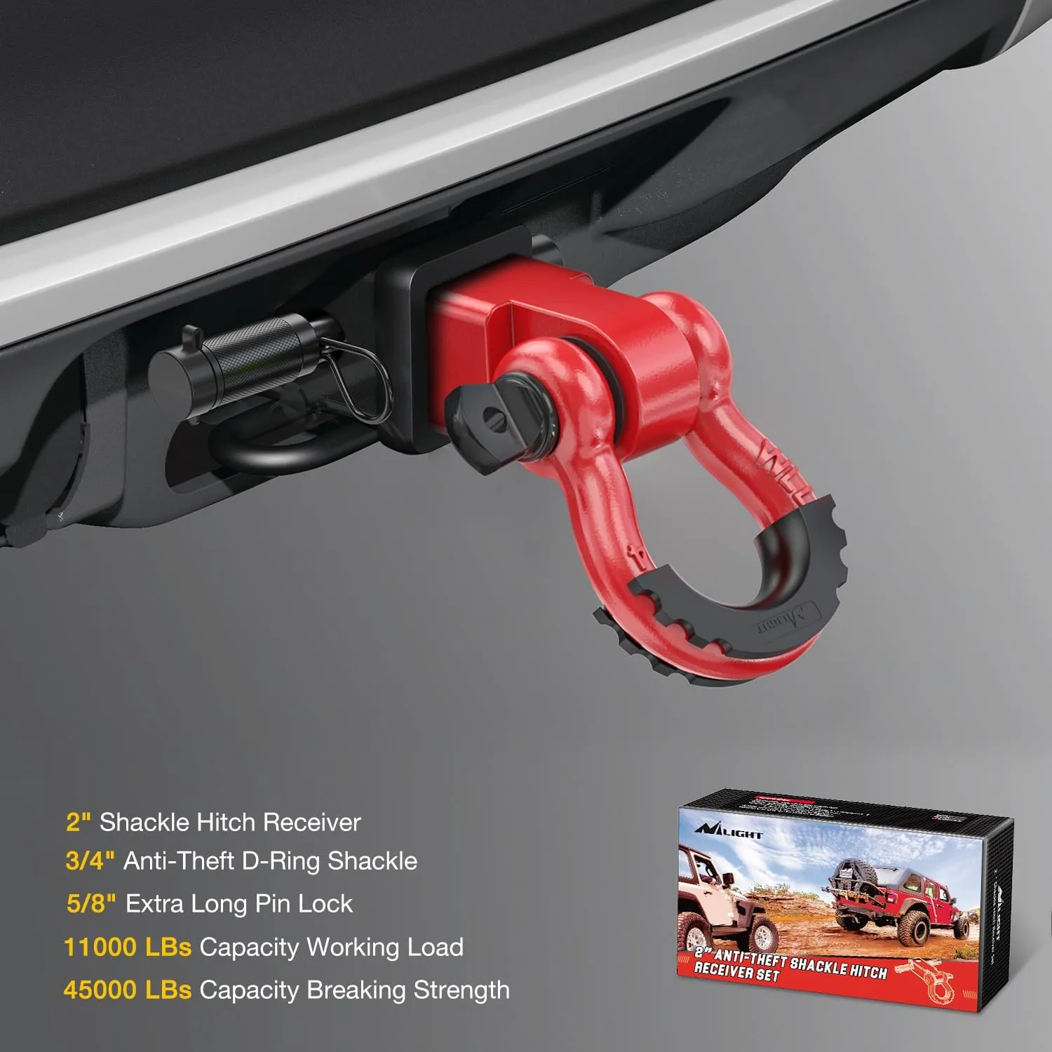 Nilight Anti-Theft Shackle Hitch Receiver 2Inch 45000 LBs Breaking Strength 3/4" Anti-Theft D Ring Shackle 5/8" Trailer Hitch Lock Pin Heavy Duty Solid Towing Kit for Trucks Off Road (Red)