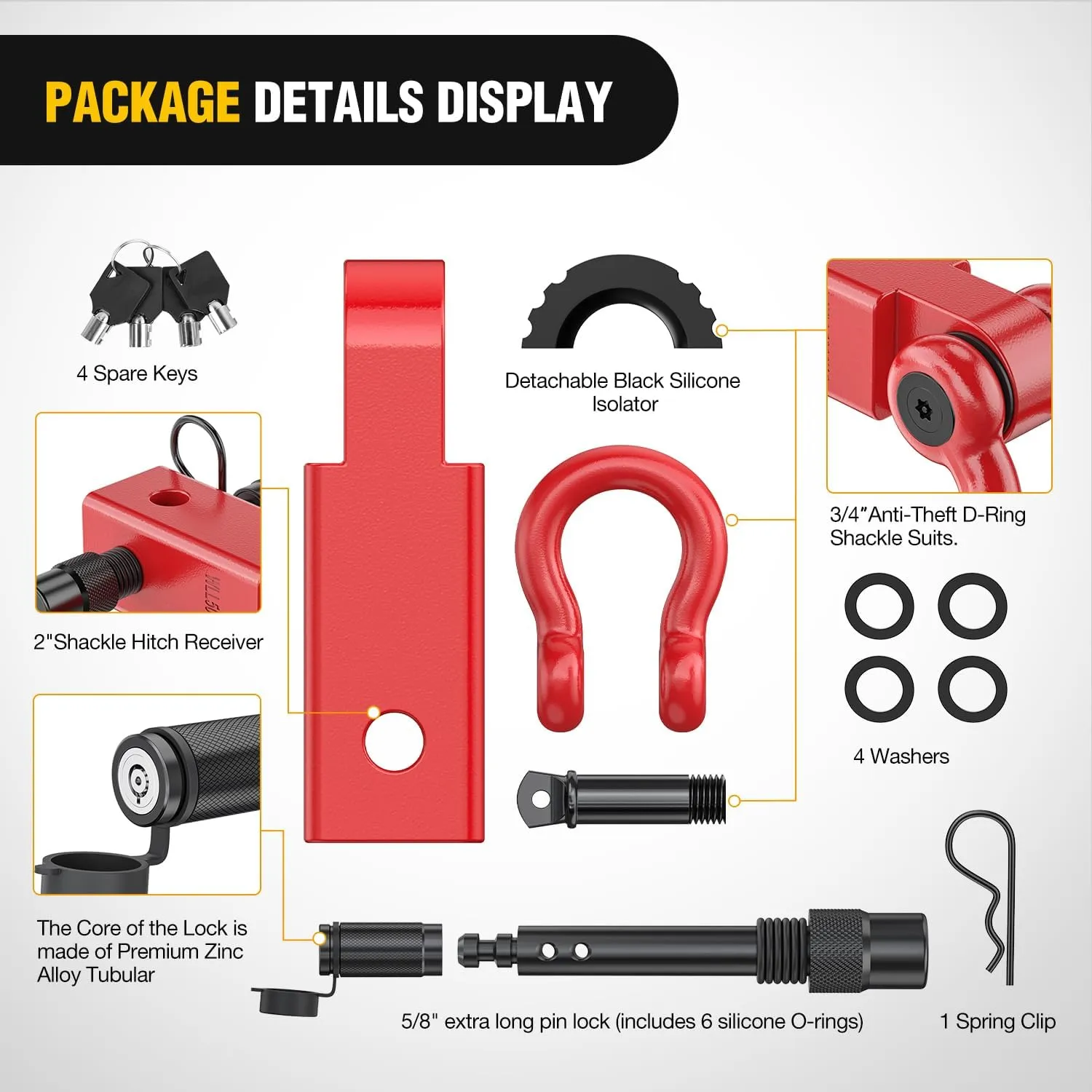 Nilight Anti-Theft Shackle Hitch Receiver 2Inch 45000 LBs Breaking Strength 3/4" Anti-Theft D Ring Shackle 5/8" Trailer Hitch Lock Pin Heavy Duty Solid Towing Kit for Trucks Off Road (Red)