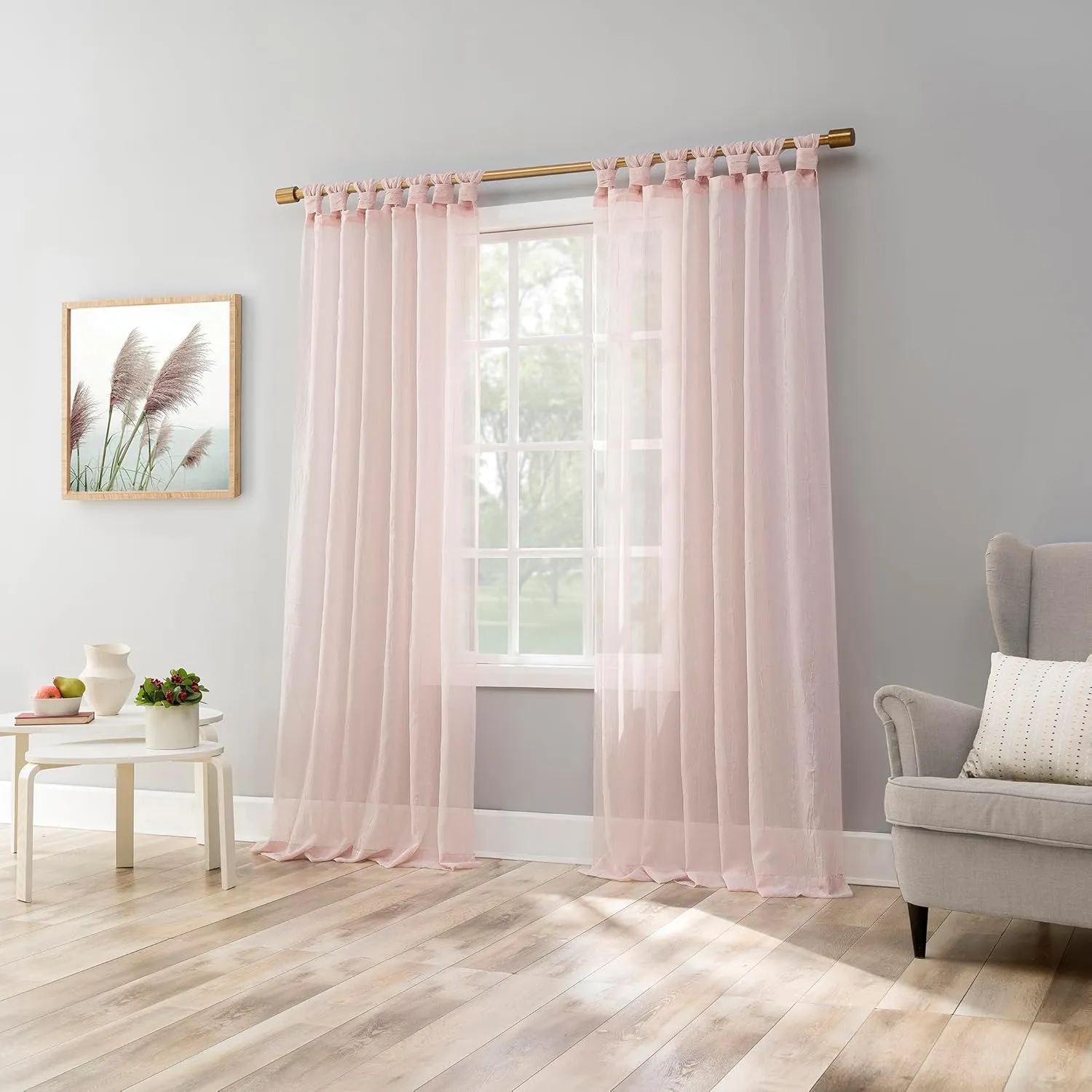No. 918 Margaret 2-Pack Holiday Twist Tab Crushed Texture Sheer Tab Top Curtain Panel Pair, 51" x 84", Blush