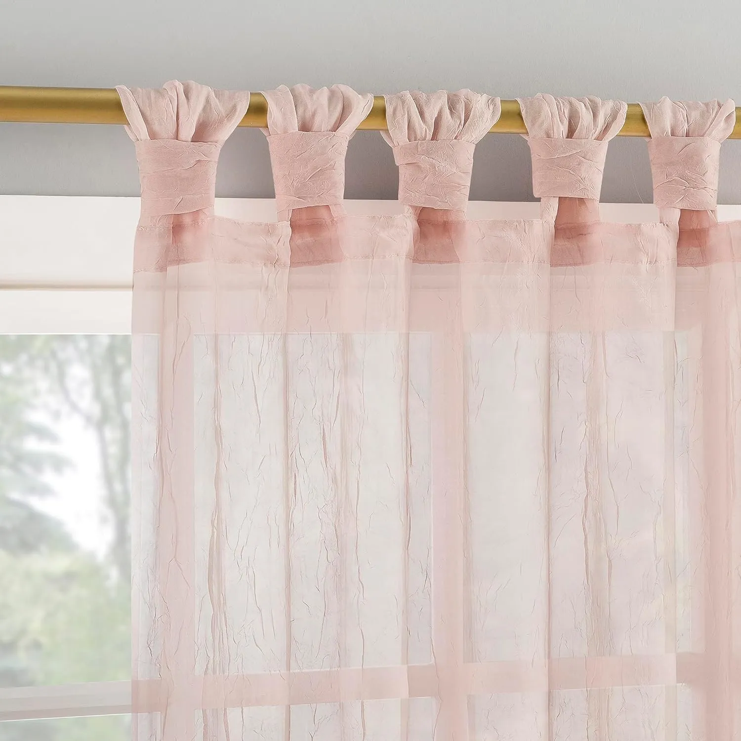 No. 918 Margaret 2-Pack Holiday Twist Tab Crushed Texture Sheer Tab Top Curtain Panel Pair, 51" x 84", Blush