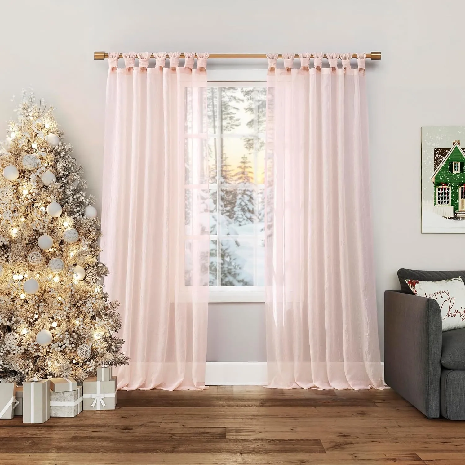 No. 918 Margaret 2-Pack Holiday Twist Tab Crushed Texture Sheer Tab Top Curtain Panel Pair, 51" x 84", Blush