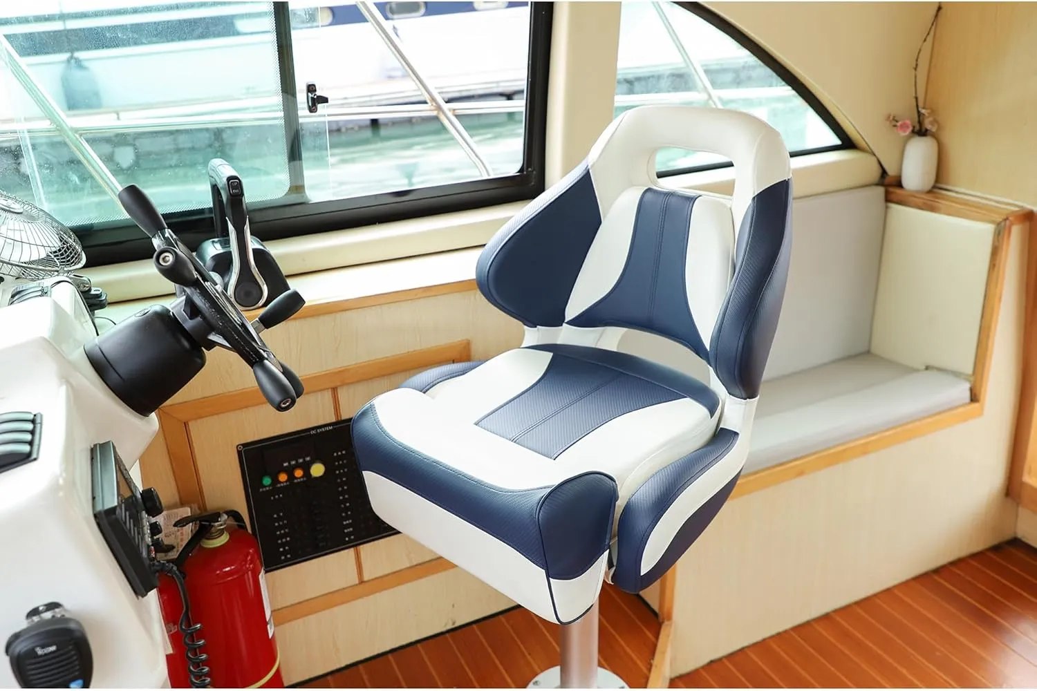NORTHCAPTAIN Premium Pontoon Captain's Chair Sport Flip Up Boat Bucket Seat with Boat Seat Cover,White/Navy Blue