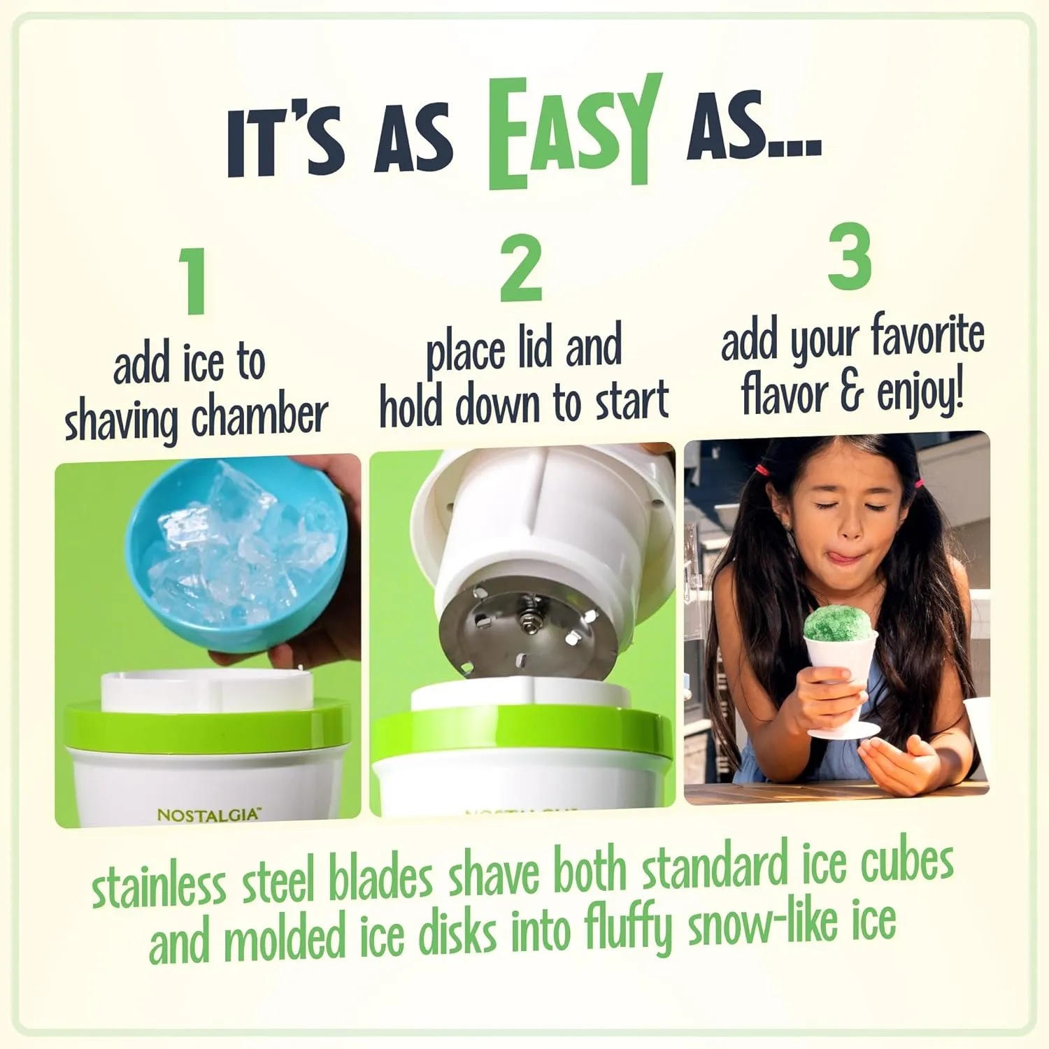 Nostalgia Snow Cone Shaved Retro Includes 1 Reusable Plastic Cup and Ice Molds, White, Green