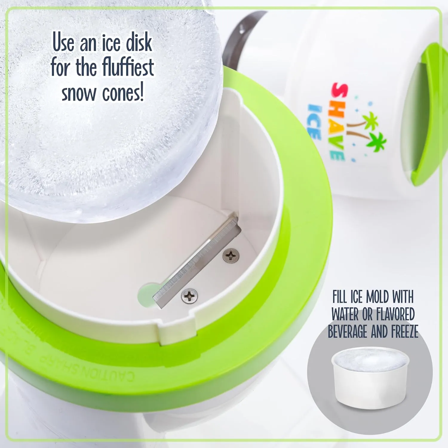Nostalgia Snow Cone Shaved Retro Includes 1 Reusable Plastic Cup and Ice Molds, White, Green