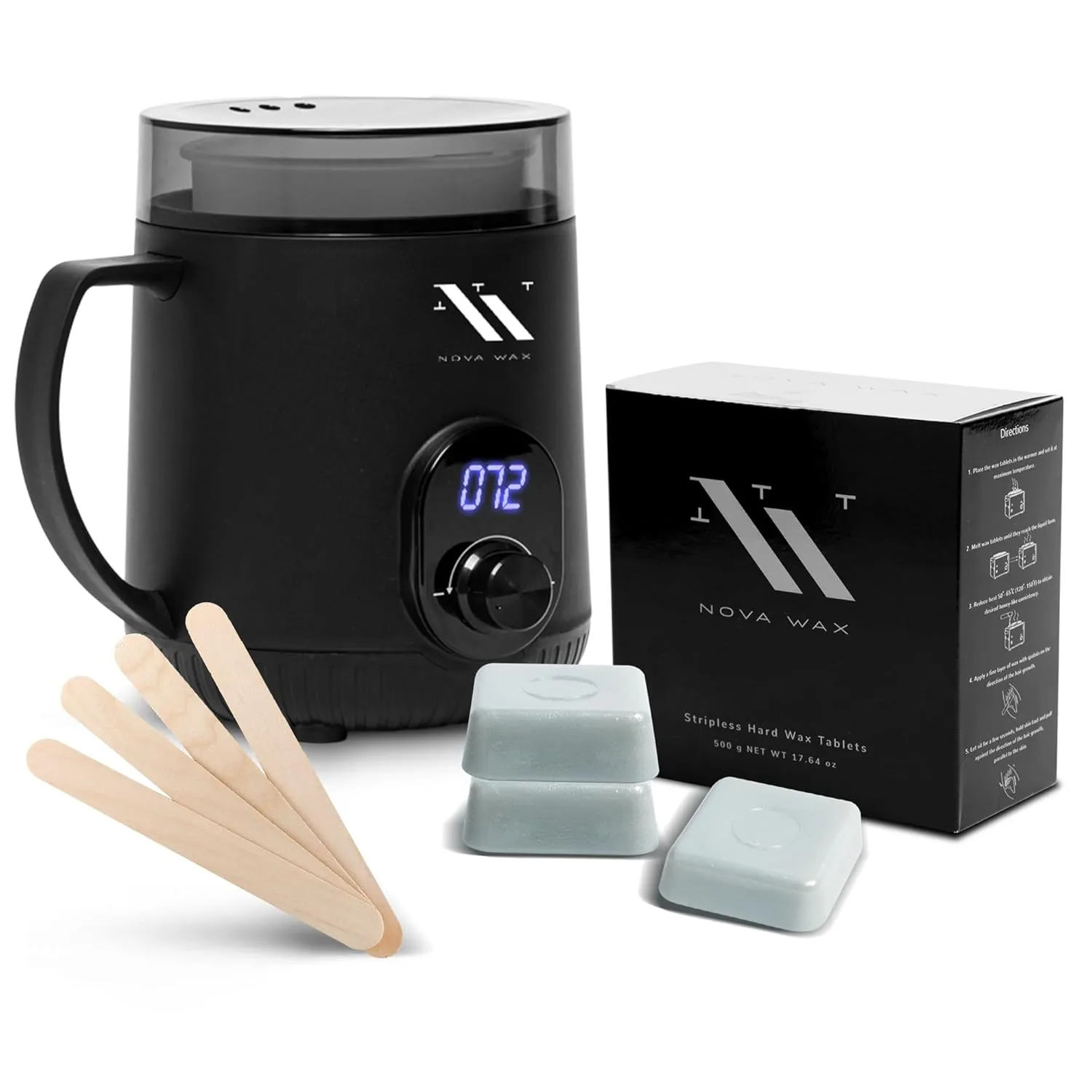NOVA Melt Warmer for Hair Removal - Mini Waxing Kit with 4oz/125g Hard Wax Tablets, 1.1lb Waxing Sticks - Ideal for Face, Body, and Sensitive Areas