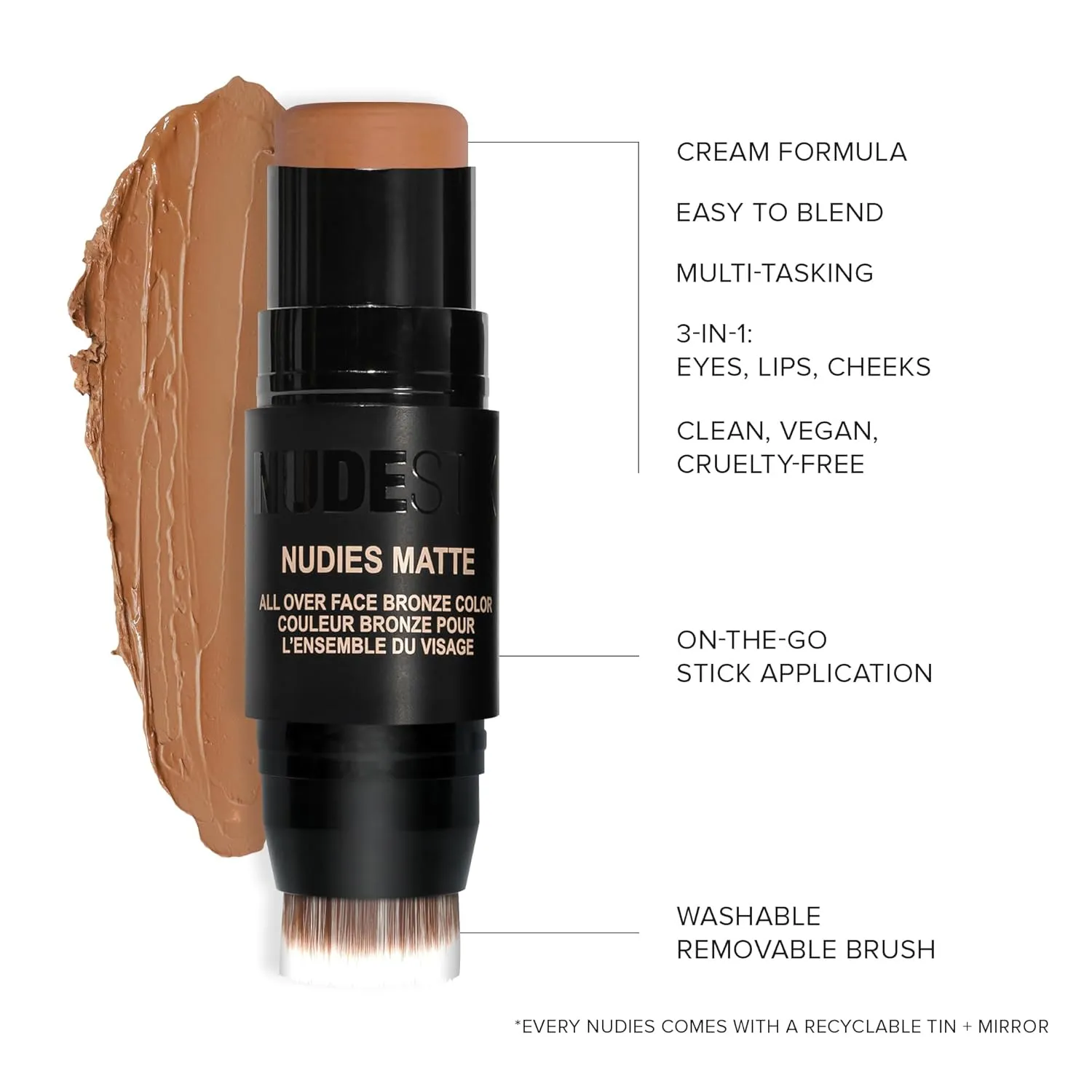 Nudestix Nudies Matte Cream Bronzer 3-in-1 All Over Face Colour for Face, Eyes, and Lips w/Blending Brush (Bondi Bae)