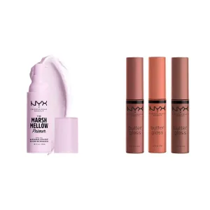 NYX PROFESSIONAL MAKEUP Marshmellow Smoothing Primer, Vegan Face Primer, 10-In-1 Skin Benefits & Butter Gloss Brown Sugar, Non-Sticky Lip Gloss - Pack Of 3