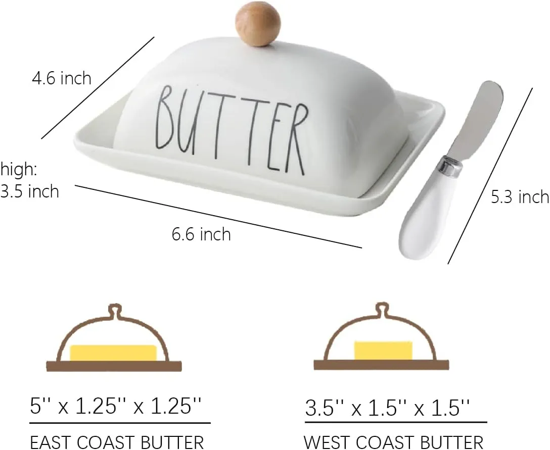 oskas Farmhouse Decorative Kitchen Countertop Porcelain Butter & Cream Cheese Dish with Lid,Butter Keeper with Cover for East West Coast Butter,White