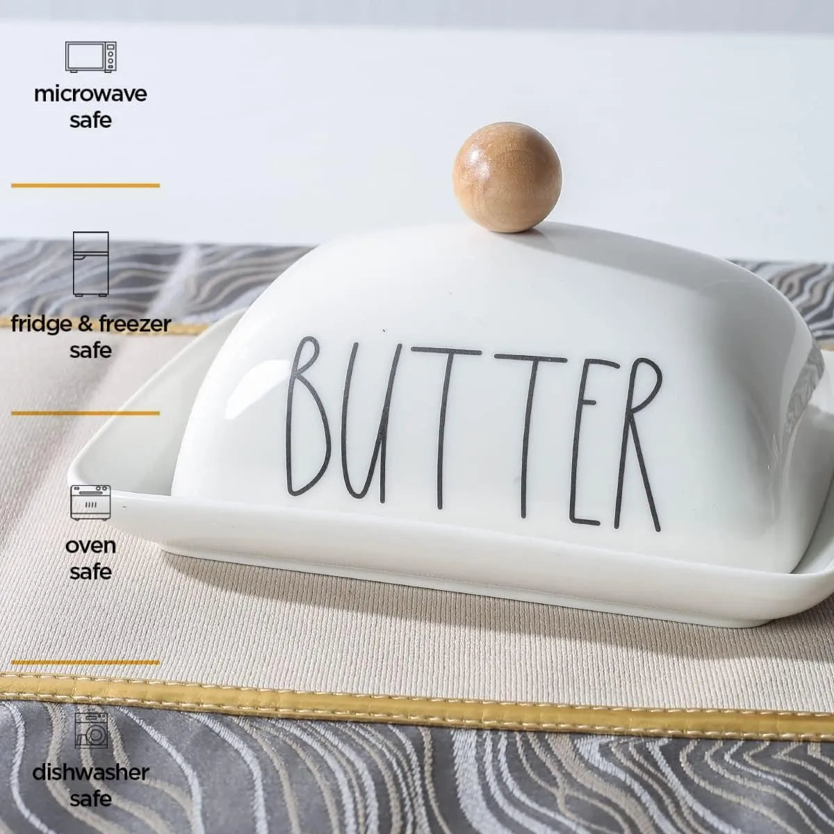 oskas Farmhouse Decorative Kitchen Countertop Porcelain Butter & Cream Cheese Dish with Lid,Butter Keeper with Cover for East West Coast Butter,White