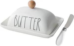 oskas Farmhouse Decorative Kitchen Countertop Porcelain Butter & Cream Cheese Dish with Lid,Butter Keeper with Cover for East West Coast Butter,White