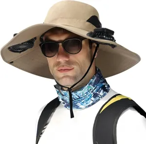 Outdoor Wide Brim Sun Hat with Solar Fan - 2025 Sun Bucket Hat for Men Women, UPF 50  Bucket Fishing Beach Hat Fan Built in
