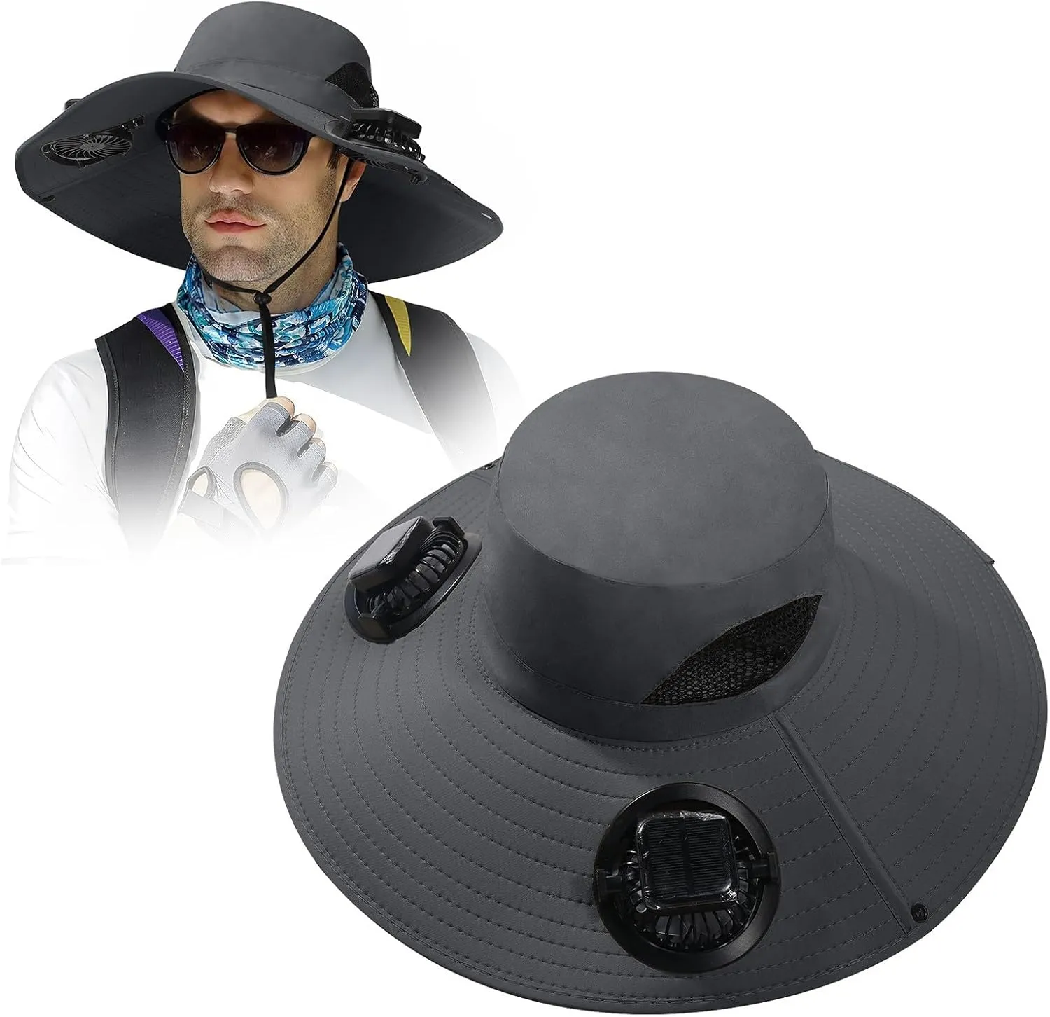 Outdoor Wide Brim Sun Hat with Solar Fan - 2025 Sun Bucket Hat for Men Women, UPF 50  Bucket Fishing Beach Hat Fan Built in