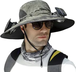 Outdoor Wide Brim Sun Hat with Solar Fan - 2025 Sun Bucket Hat for Men Women, UPF 50  Bucket Fishing Beach Hat Fan Built in