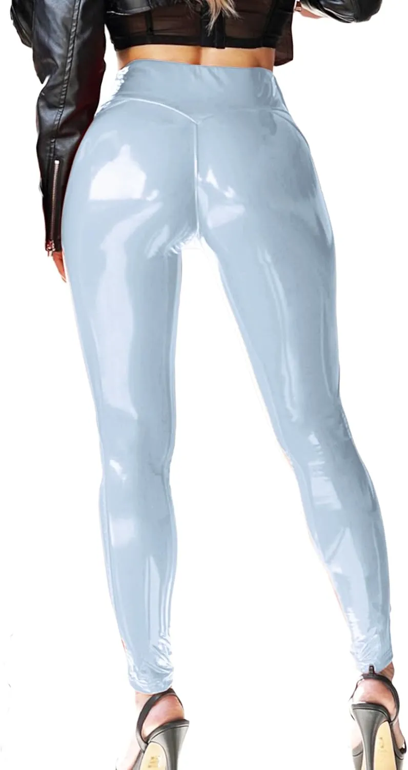 Patent Faux Leather Leggings for Women High Waisted Butt Lifting Lacquer Pleather Latex Shiny Pants Concert Outfits