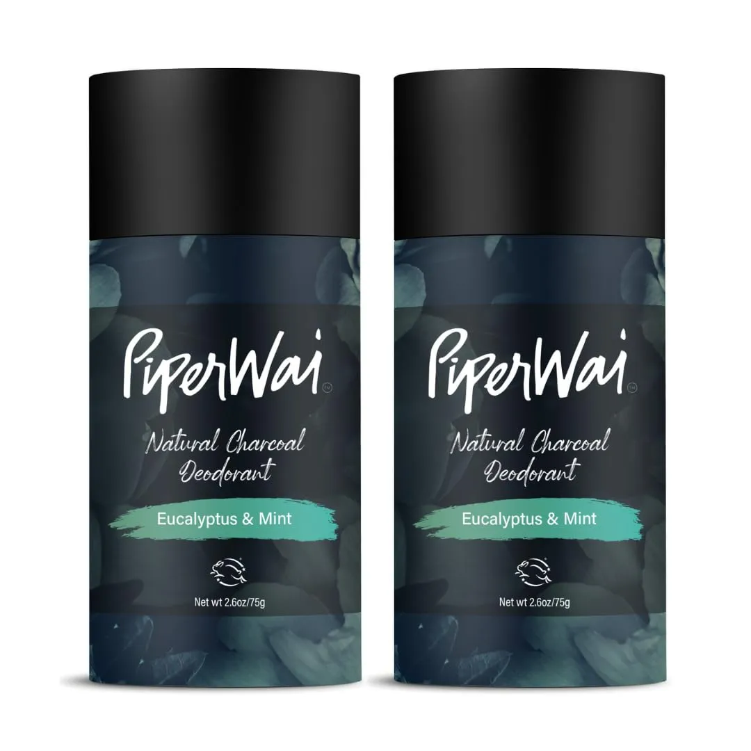 PiperWai Natural Deodorant w/Activated Charcoal | Odor Protection, Vegan, Aluminum Free, Shark Tank Product for Women & Men | 2.6 oz (75g) Eucalyptus & Mint Scented Stick 2-Pack