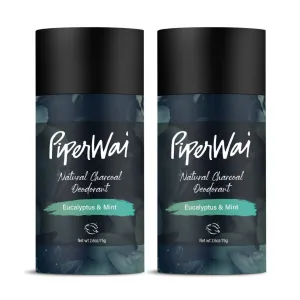 PiperWai Natural Deodorant w/Activated Charcoal | Odor Protection, Vegan, Aluminum Free, Shark Tank Product for Women & Men | 2.6 oz (75g) Eucalyptus & Mint Scented Stick 2-Pack