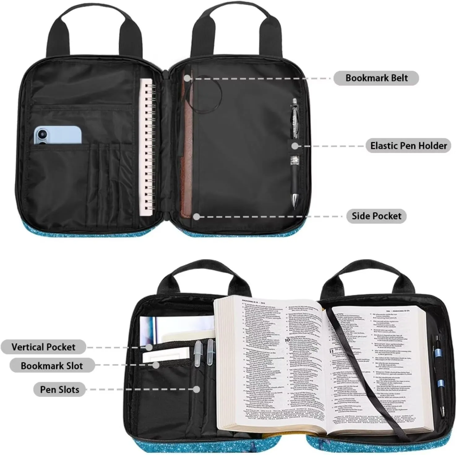 Poceacles Blue Glitter Butterfly Bible Cover for Women, Book Carrying Case Scripture Bag with Handle Pockets Handbook Cover Bible Protector Pouch Church Bag