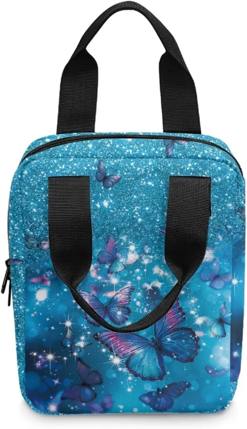 Poceacles Blue Glitter Butterfly Bible Cover for Women, Book Carrying Case Scripture Bag with Handle Pockets Handbook Cover Bible Protector Pouch Church Bag