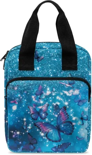 Poceacles Blue Glitter Butterfly Bible Cover for Women, Book Carrying Case Scripture Bag with Handle Pockets Handbook Cover Bible Protector Pouch Church Bag