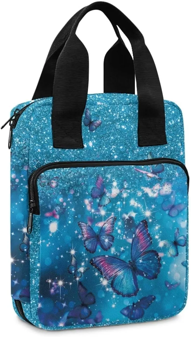 Poceacles Blue Glitter Butterfly Bible Cover for Women, Book Carrying Case Scripture Bag with Handle Pockets Handbook Cover Bible Protector Pouch Church Bag