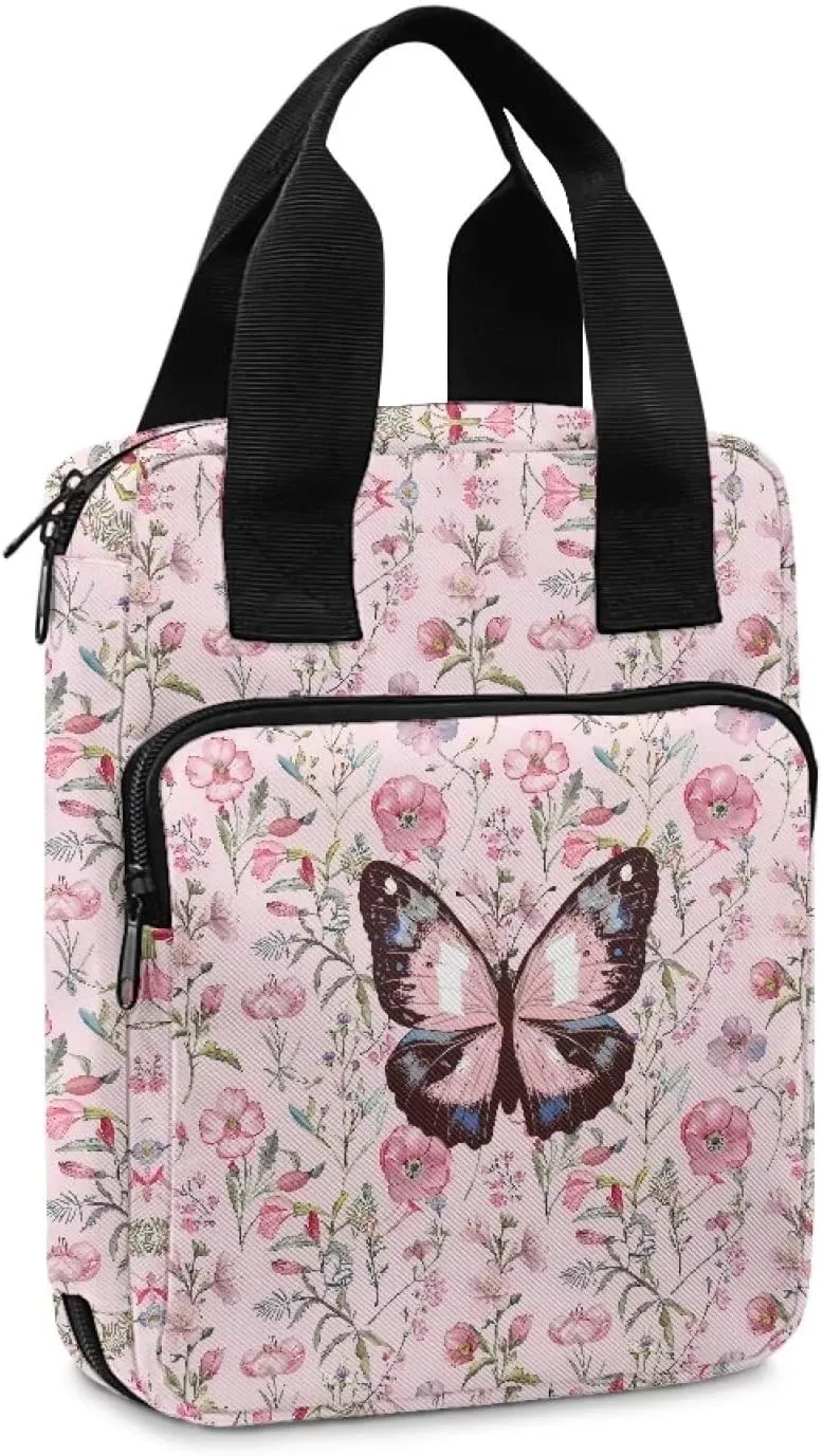 Poceacles Butterfly Floral Print Bible Cover Book Bibles Carrying Case for Women Large Capacity Bible Case Bag with Handle and Zipper Pocket Bible Tote Bag, Perfect Gifts, Pink