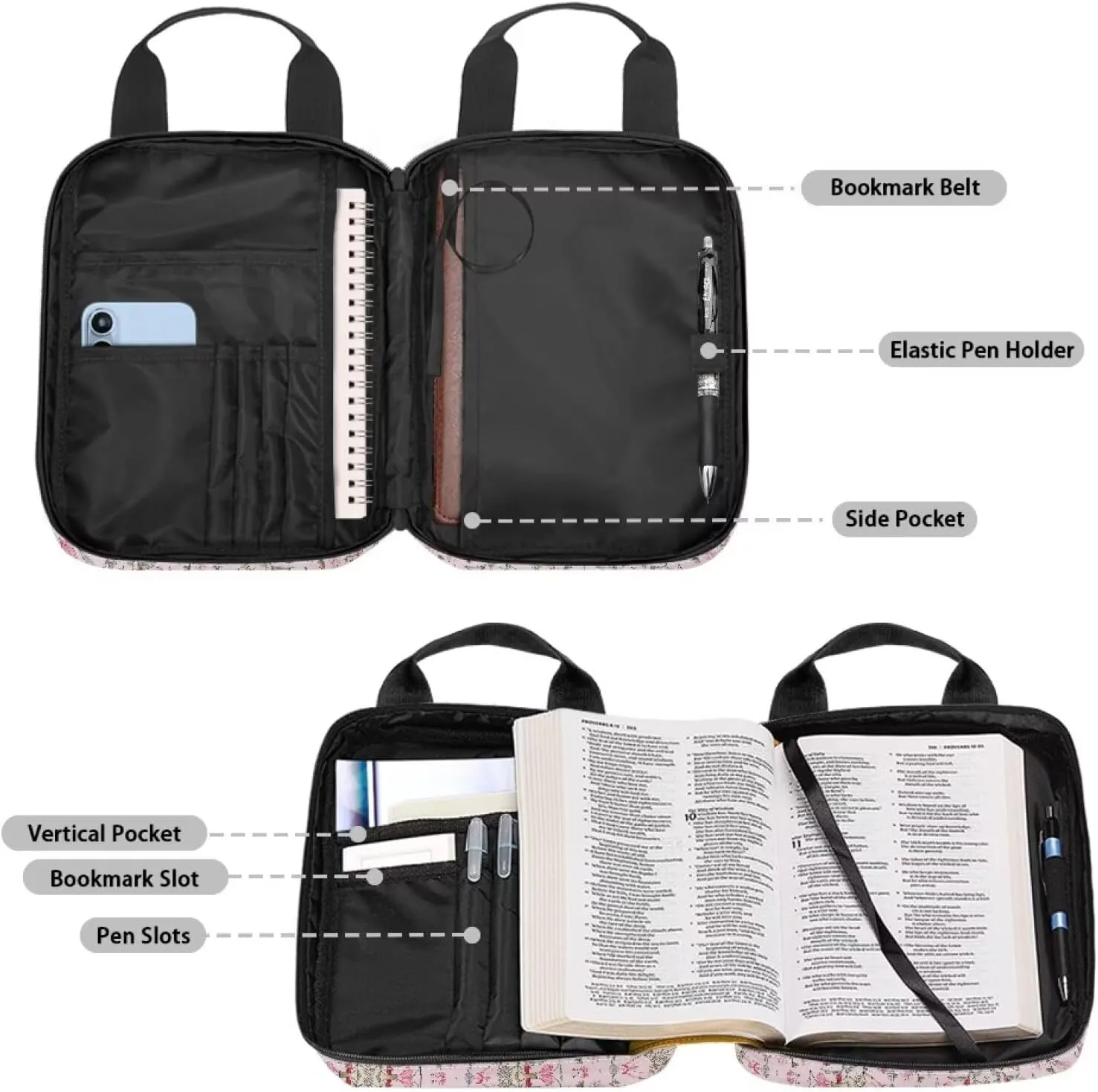 Poceacles Butterfly Floral Print Bible Cover Book Bibles Carrying Case for Women Large Capacity Bible Case Bag with Handle and Zipper Pocket Bible Tote Bag, Perfect Gifts, Pink