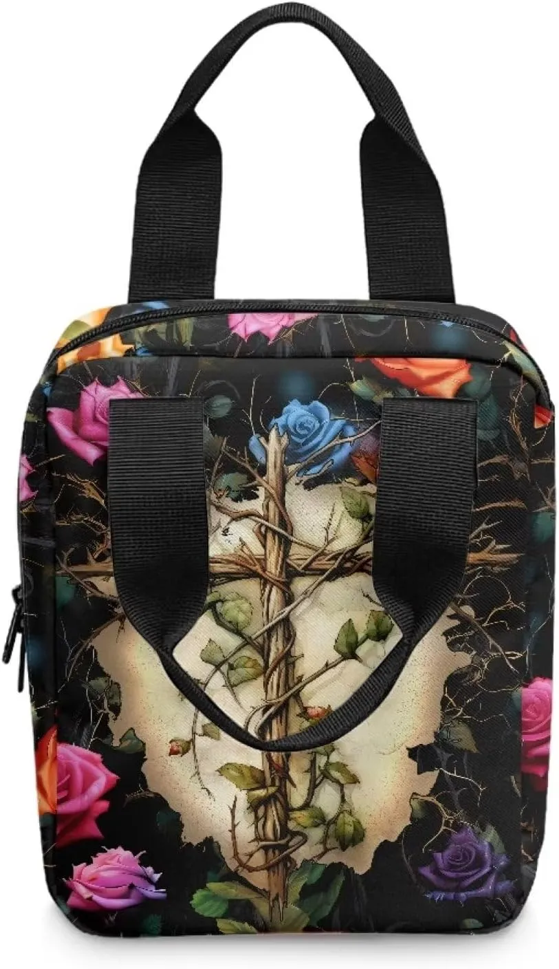 Poceacles Rose Flower Cross Bible Cover Bible Case for Women Bible Case Bible Covers, Tote Bible Bag, Bible Carrying Case for Men with Zipper Pocket