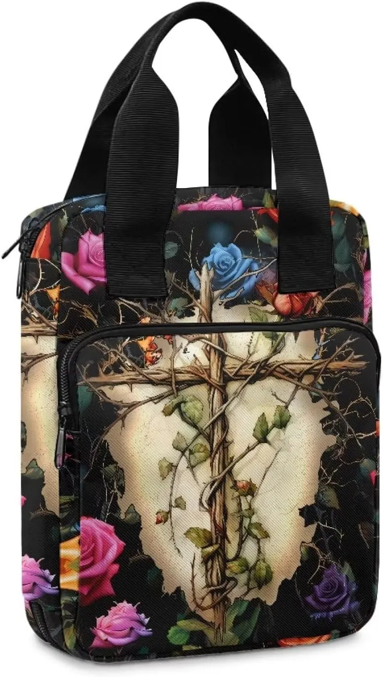 Poceacles Rose Flower Cross Bible Cover Bible Case for Women Bible Case Bible Covers, Tote Bible Bag, Bible Carrying Case for Men with Zipper Pocket