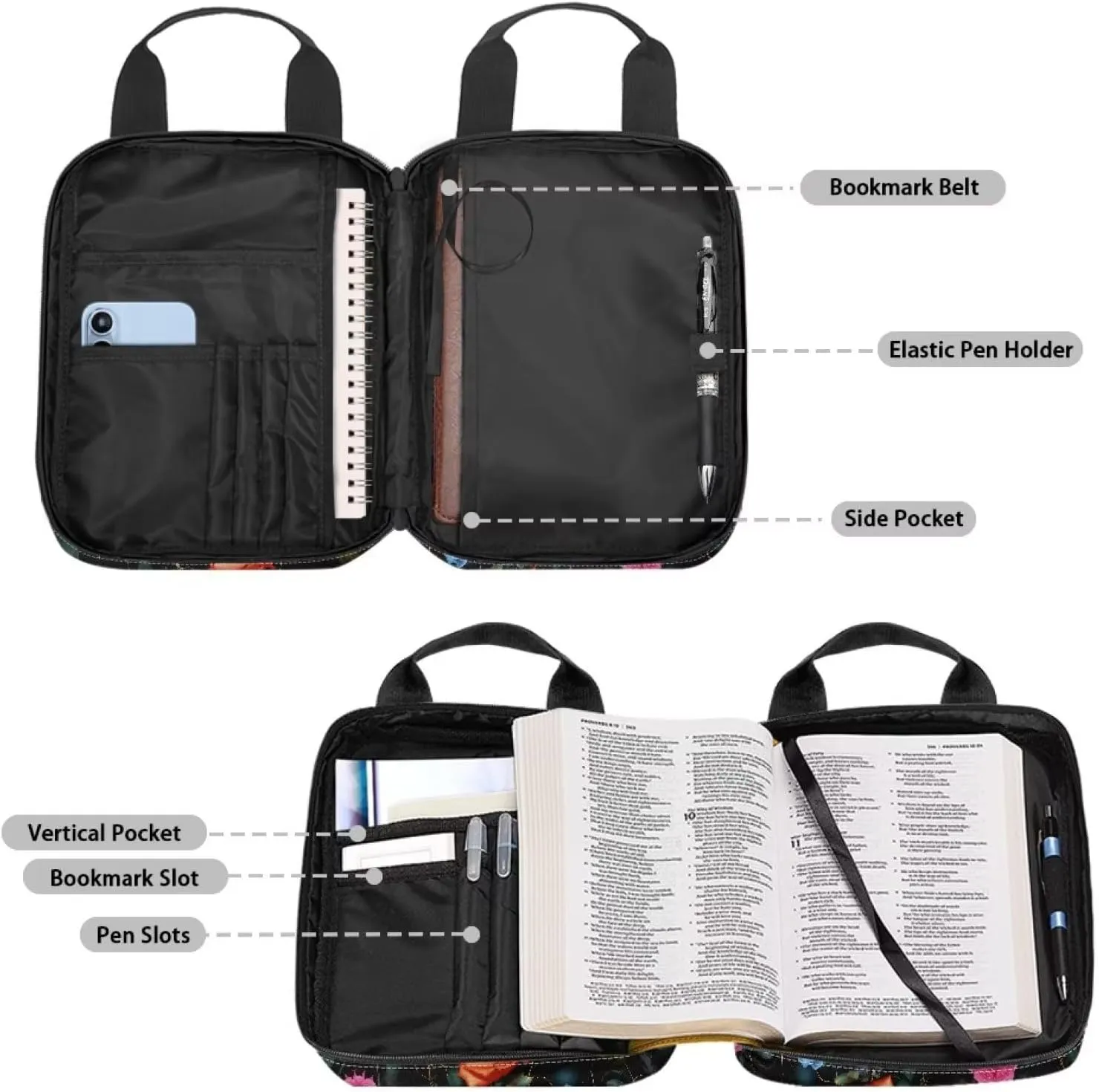 Poceacles Rose Flower Cross Bible Cover Bible Case for Women Bible Case Bible Covers, Tote Bible Bag, Bible Carrying Case for Men with Zipper Pocket