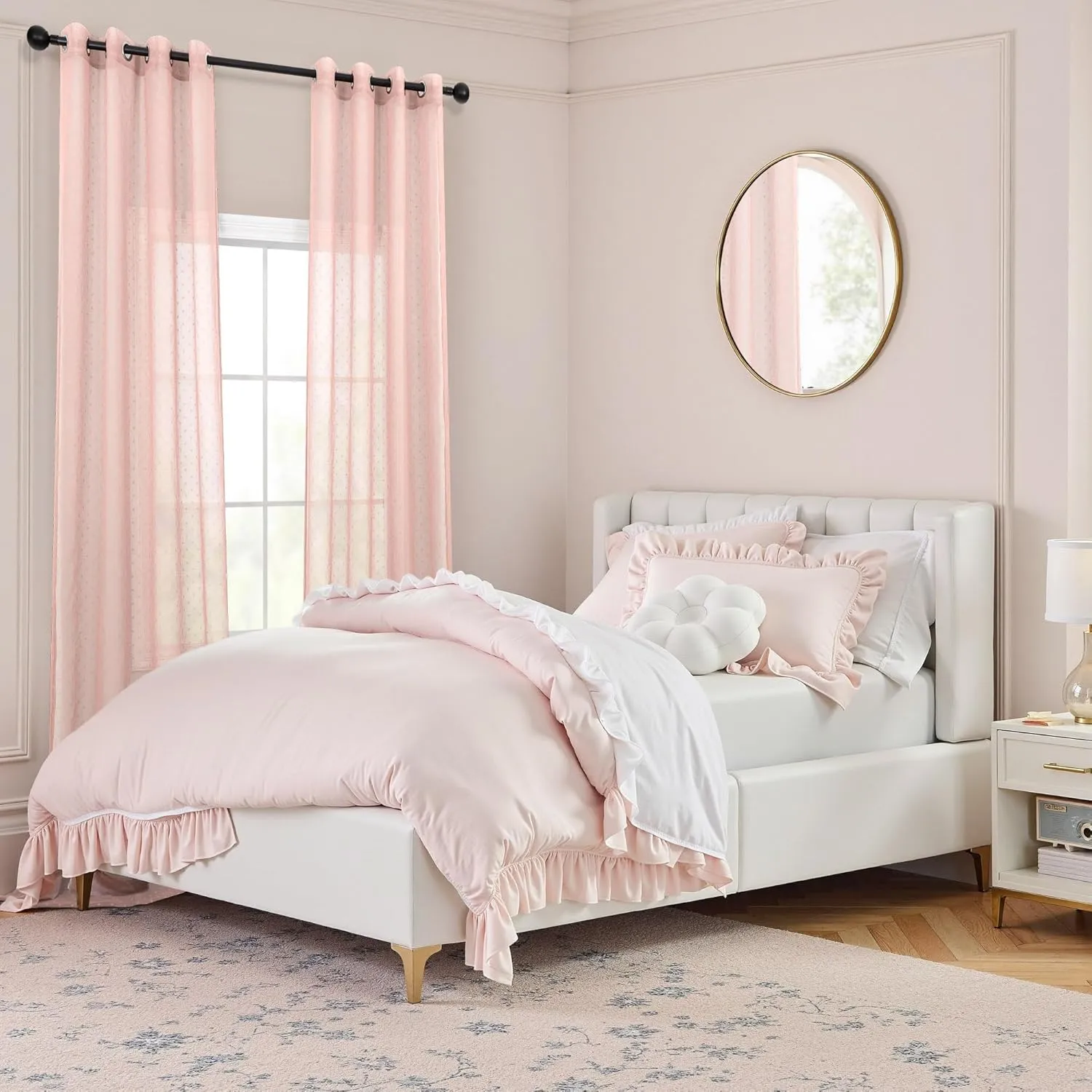 Polka Dots Pink Sheer Curtains 84 Inches Long 2 Panels Lovely Patterned Blush Peach Pink Sheer Window Panels for Living Room Bedroom Grommet Cute Boho Sheer Curtains for Girls Kids Room 52Wx84L