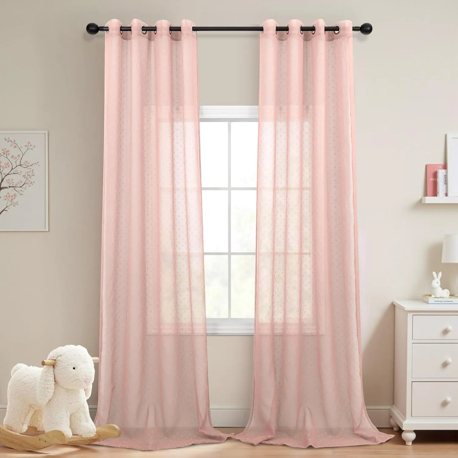 Polka Dots Pink Sheer Curtains 84 Inches Long 2 Panels Lovely Patterned Blush Peach Pink Sheer Window Panels for Living Room Bedroom Grommet Cute Boho Sheer Curtains for Girls Kids Room 52Wx84L