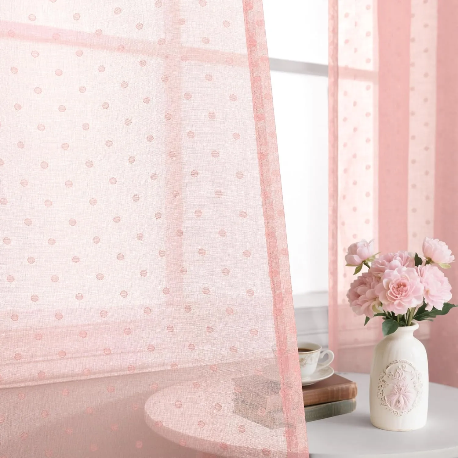 Polka Dots Pink Sheer Curtains 84 Inches Long 2 Panels Lovely Patterned Blush Peach Pink Sheer Window Panels for Living Room Bedroom Grommet Cute Boho Sheer Curtains for Girls Kids Room 52Wx84L
