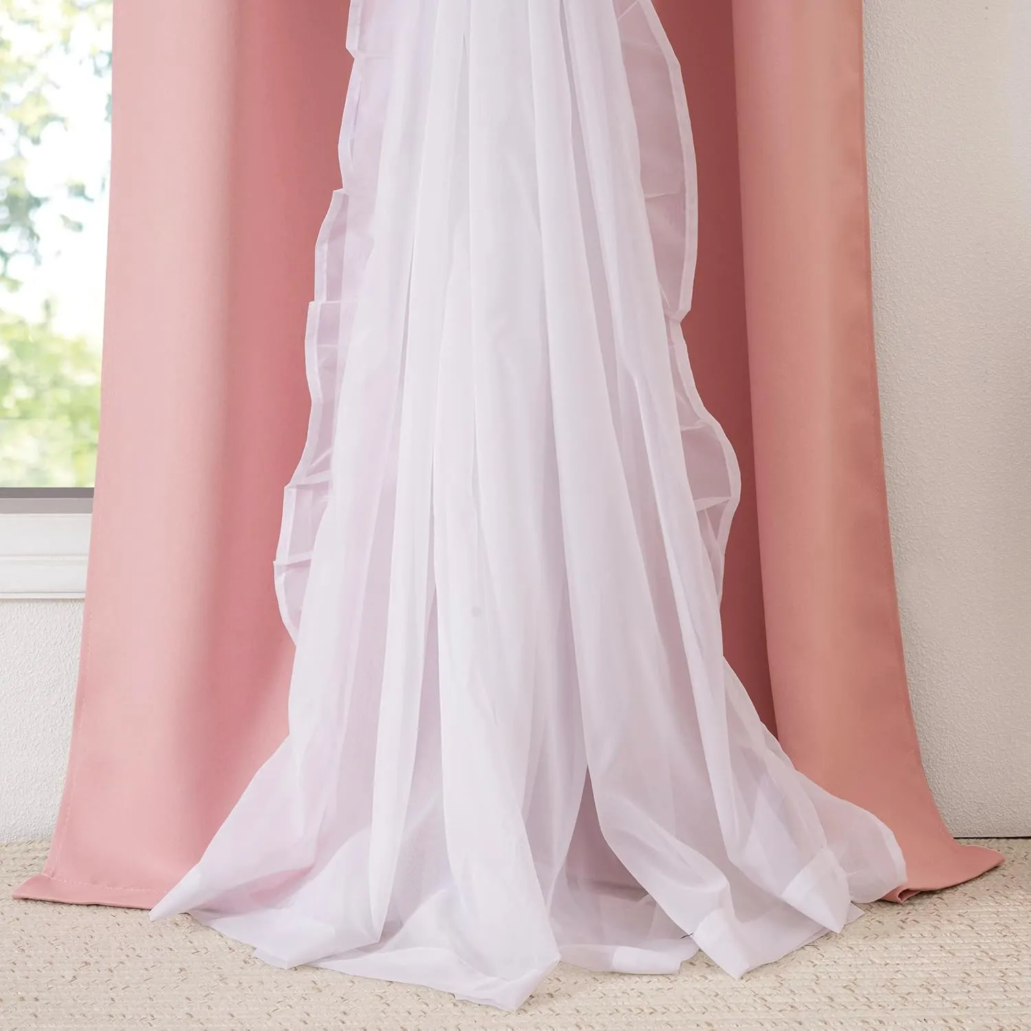 PONY DANCE Girls Curtains for Bedroom Decorative Drapes for Kids Double Layer Curtain Ruffle Sheer Overlay Room Darkening Pretty Chic Princess, 52x84 inch, Blush Pink, 2 PCs