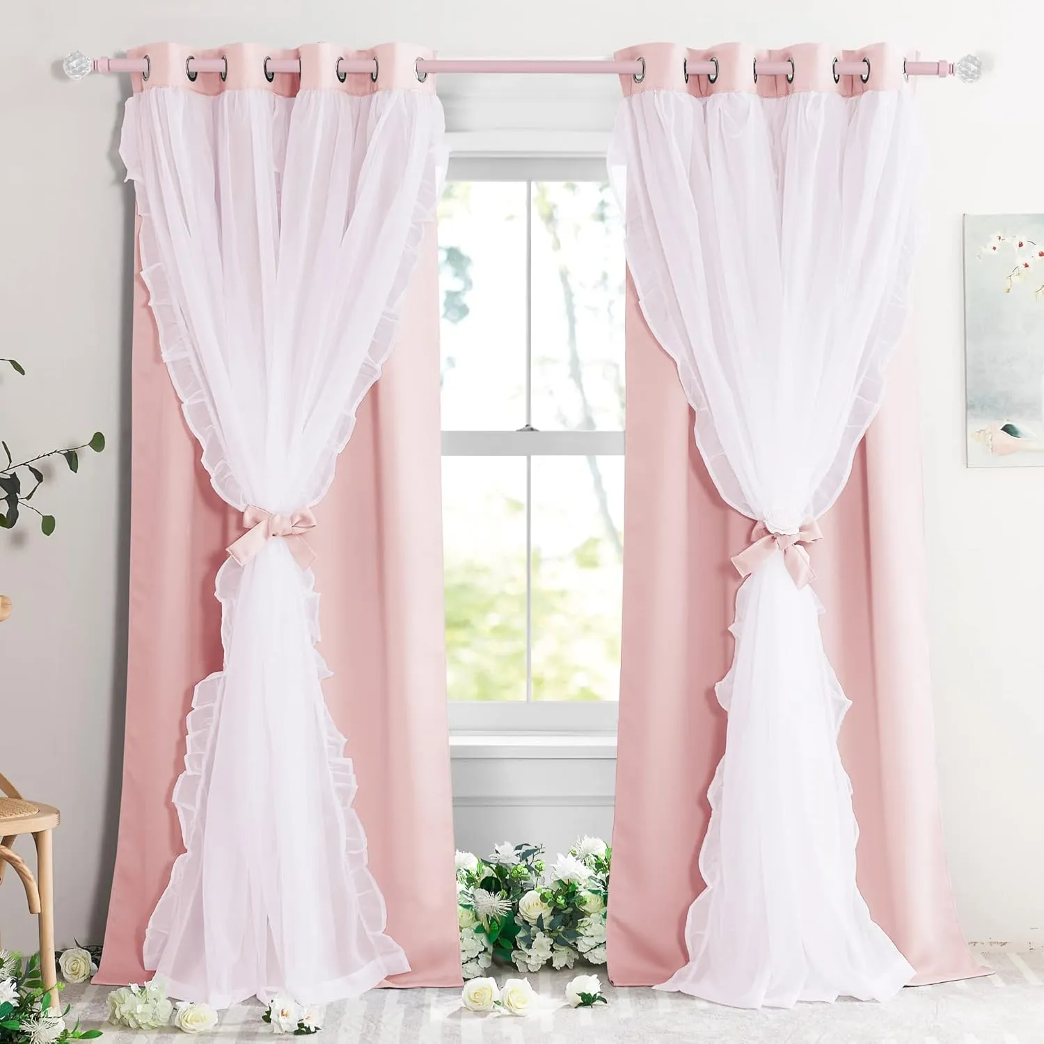 PONY DANCE Girls Curtains for Bedroom Decorative Drapes for Kids Double Layer Curtain Ruffle Sheer Overlay Room Darkening Pretty Chic Princess, 52x84 inch, Blush Pink, 2 PCs