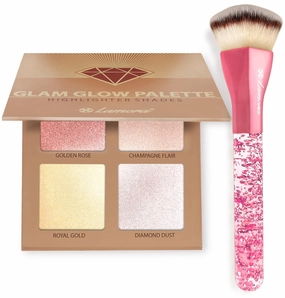 Powder Highlighter Palette with Heart Kabuki Foundation Brush (Pink)