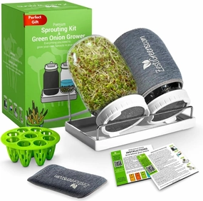 Premium Sprouts Growing Kit & Green Onion Regrower with 2 Mason Jars & Superior Sprout lids. Perfect Sprouter Set for Growing Broccoli, Alfalfa & Beans.
