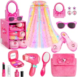 Princess Cape Light Up Dress Up Shoes, Kids Makeup Set for Girls Pretend Play Beauty Hair Salons Toys Gift for 3-6 Toddler Little Girls