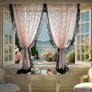 Princess Style Blush Pink Floral Lace Sheer Curtain Vintage Ruffled Black Lace Trim Short Curtain for Daughters Bedroom/Nursery Decor Retro Weave Knitted Kitchen Valance Rod Pocket 2 Panel 59Wx49L
