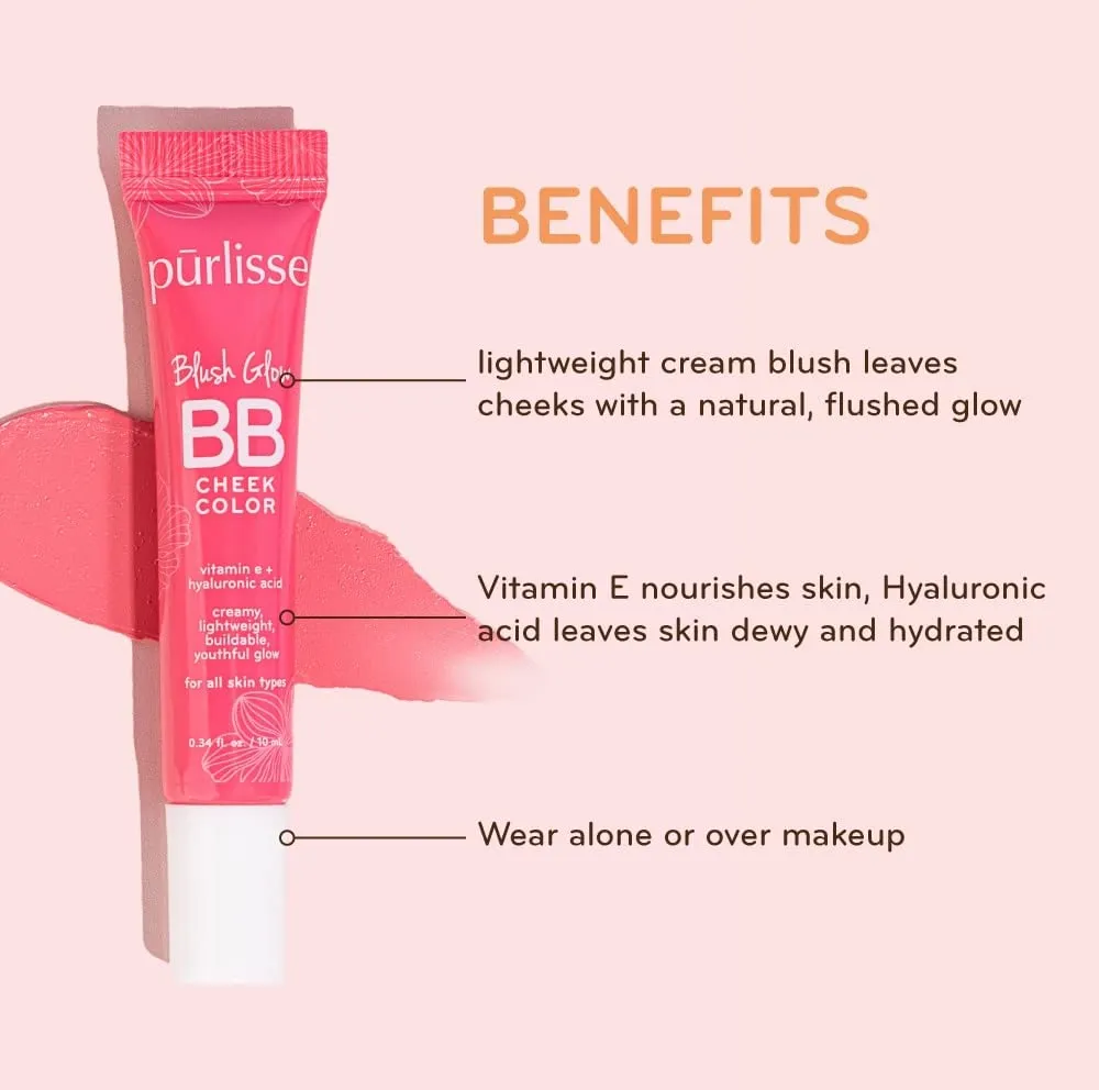 pürlisse Blush Glow BB Cheek Color - Dewy Liquid Blush for Cheeks - Enriched with Vitamin E & Hyaluronic Acid - Creamy, Lightweight & Buildable - Hydrating & Nourishing - Cool Mauve (0.34 Fl oz)
