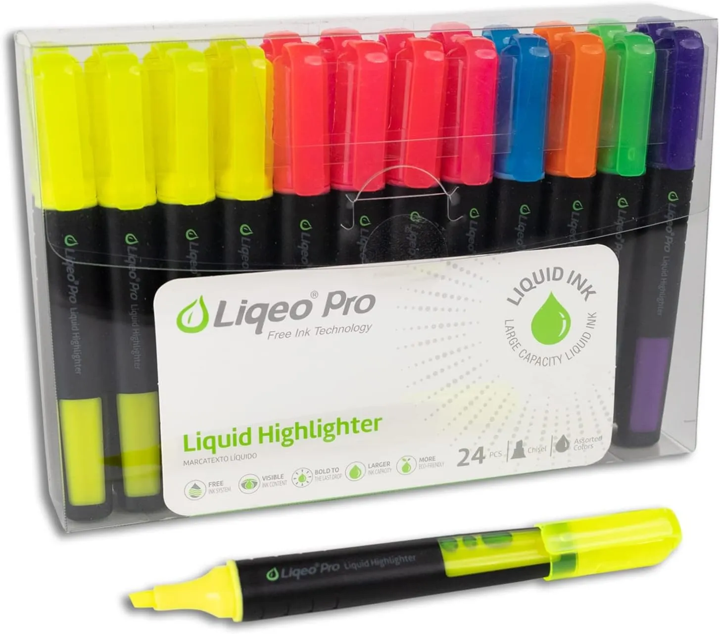 Pro Slim Highlighters with Quick Drying & Non-Fading Free Liquid Ink - Chisel Tip - 24 Pack - 8 Yellow, 8 Pink, 2 Blue, 2 Green, 2 Purple, and 2 Orange Highlighter Markers