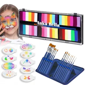 Professional Water Activated 6x30gm Face Paint for Kids & Adults,Washable Non toxic Rainbow Cake Face Painting Kit with Stencils & Brushes Ideal for Easter/Parties/Halloween/Carnival