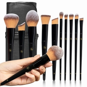 Professional Makeup Brush Set - 10pcs: Full Size Quality Makeup Brushes with Travel Case - Premium Synthetic Bristles and Wooden Handles - for Foundation, Concealer & More