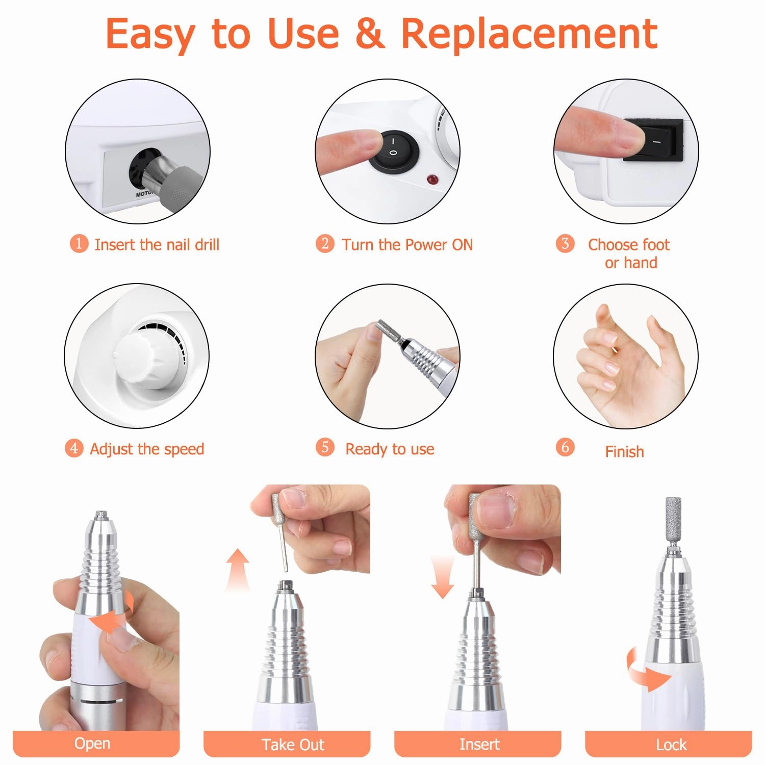 Professional Nail Drill Set 30000RPM E File Nail Drill Machine with Foot Pedal Nails Drill Bits Electric Acrylic Nail File Kits Nail Grinder for Gel Nails at Home Nail Salon Manicure Pedicure, White