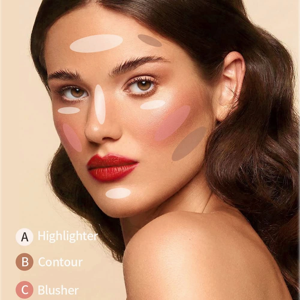 QiBest Facial Highlighting Contouring Blush 3-in-1 Matte Brightening Glitter Rouge Pan 5-Color Correcting Powder Foundation Contouring Beauty Cosmetics Lasting (B)