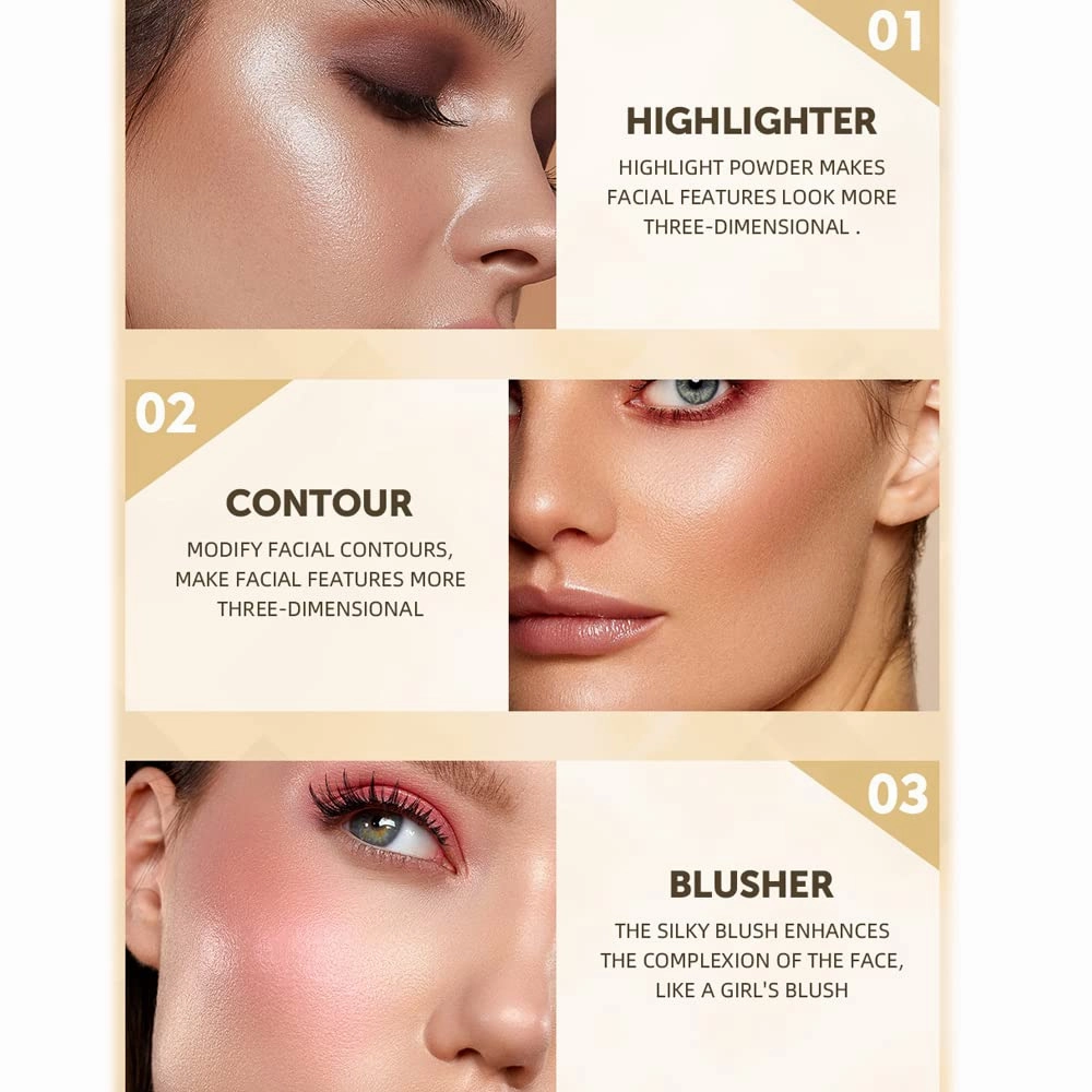 QiBest Facial Highlighting Contouring Blush 3-in-1 Matte Brightening Glitter Rouge Pan 5-Color Correcting Powder Foundation Contouring Beauty Cosmetics Lasting (B)