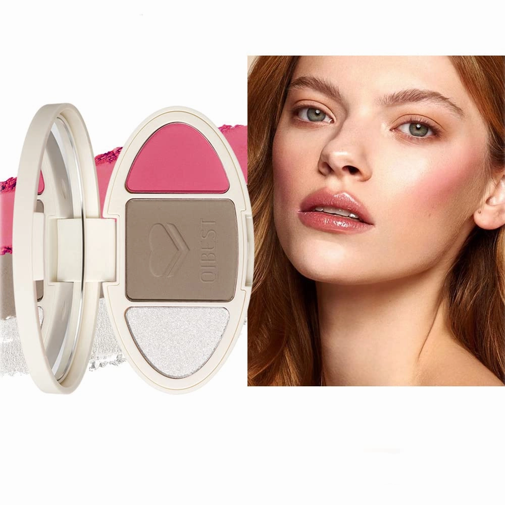 QiBest Facial Highlighting Contouring Blush 3-in-1 Matte Brightening Glitter Rouge Pan 5-Color Correcting Powder Foundation Contouring Beauty Cosmetics Lasting (B)