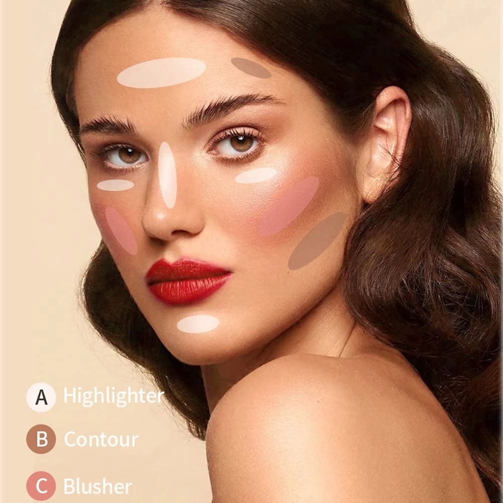 QiBest Facial Highlighting Contouring Blush 3-in-1 Matte Brightening Glitter Rouge Pan 5-Color Correcting Powder Foundation Contouring Beauty Cosmetics Lasting (D)